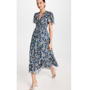 SHOSHANNA Midnight Lenora Midi Dress Navy Silver Multi Floral Smocked Tuckernuck